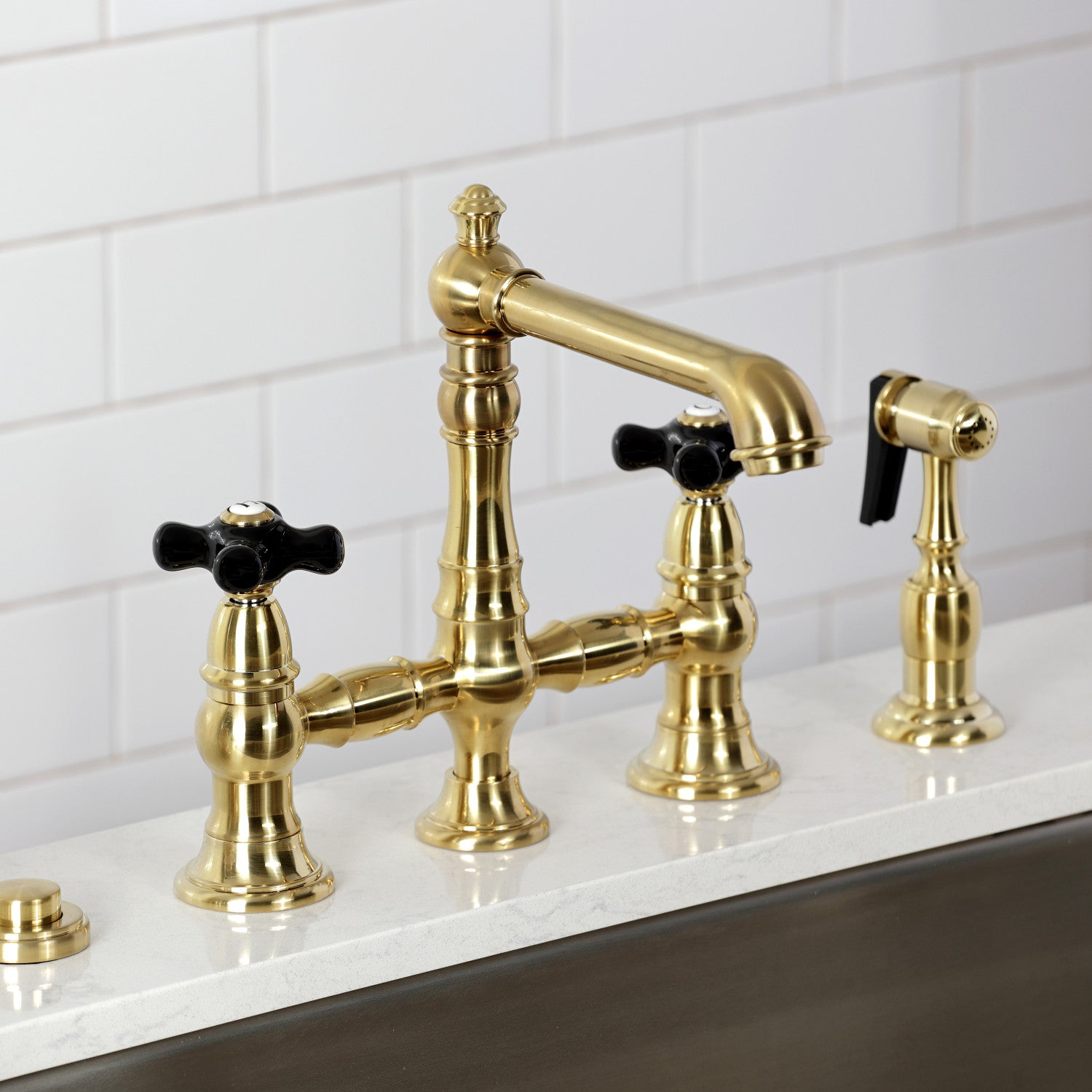 Kingston Tulare KS7277PKXBS - Duchess Two-Handle 4-Hole Deck Mount Bridge Kitchen Faucet with Brass Sprayer, Brushed Brass — thumbnail 2